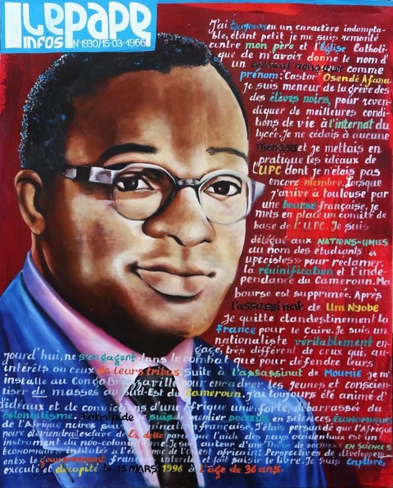 Portrait illustré de Castor Osende Afana portant des lunettes, économiste et cadre de l'UPC